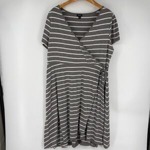 Torrid Heather Grey White Striped Surplice Short Sleeve Faux Wrap Dress 2X Tie